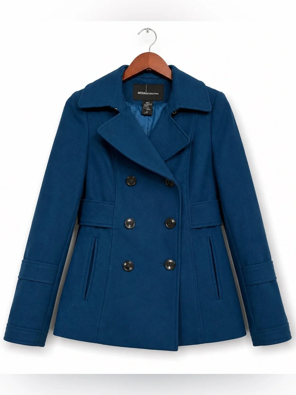 Moda International Teal Double Breasted Pea Coat Wool Blend Jacket 2 Tailored